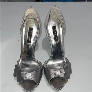 Nina Metallic Silver Heels with Rhinestone Bow